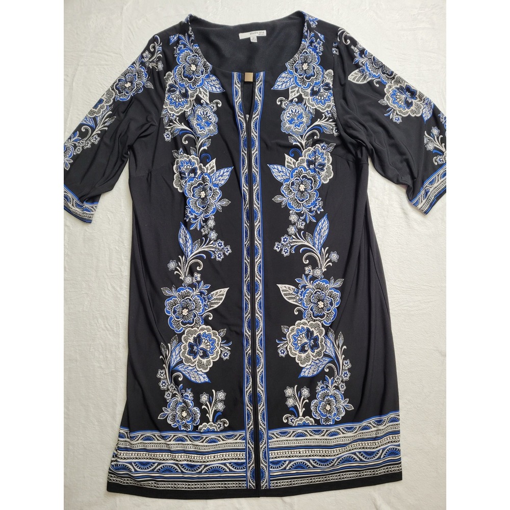 Studio One Shift Dress Women 1X Black Blue Floral Gold Accent Stretch